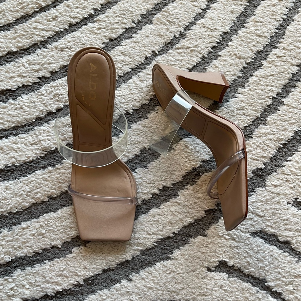 Aldo Nude Clear Strap Square Toe Heels